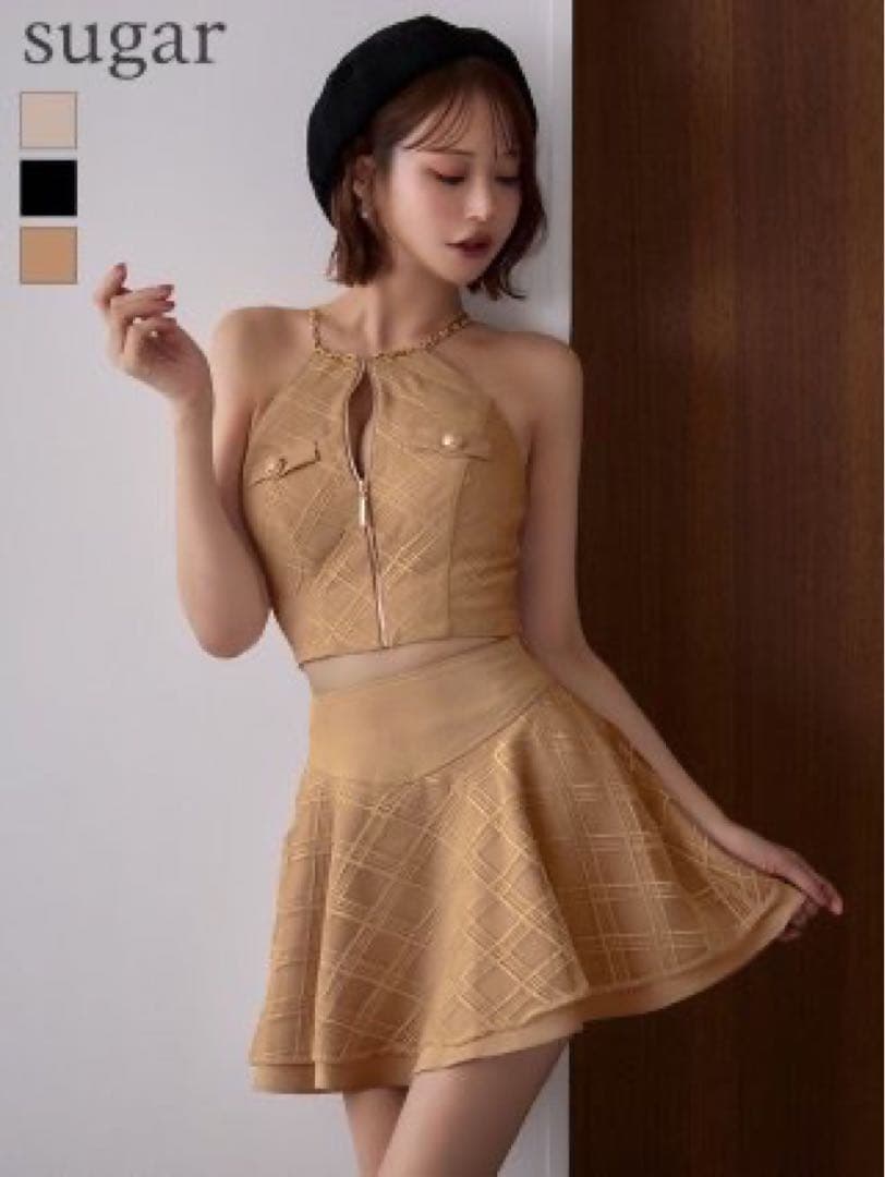 ROBE de FLEURSベージュ ハイネック ミニドレス