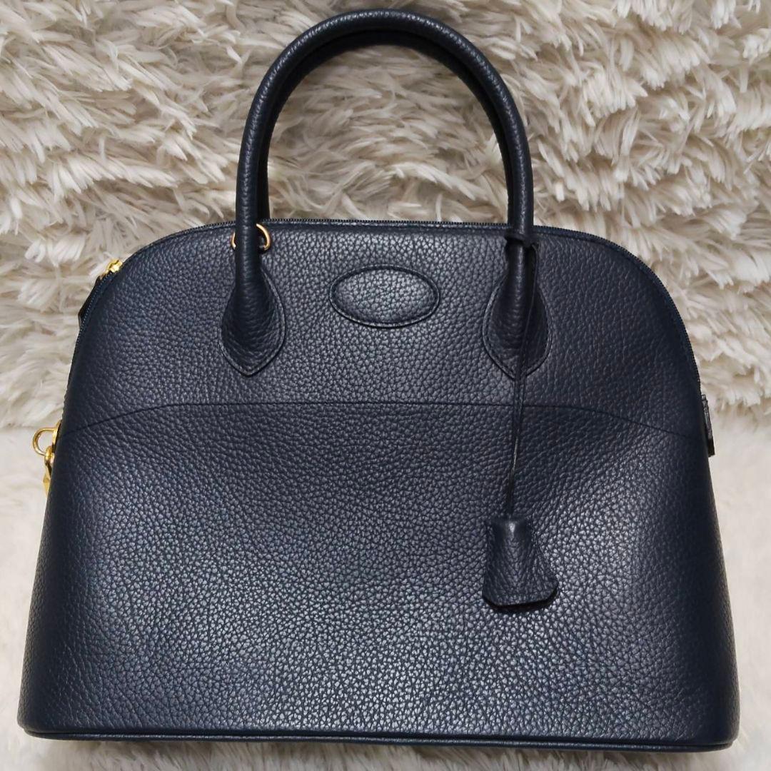 ヘンリーハイクラス レザー 本革 ハンドバッグ 自立 ネイビー 美品