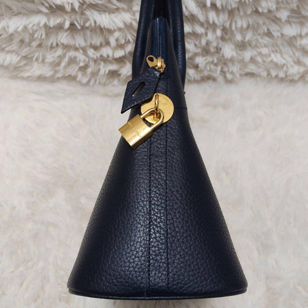 ヘンリーハイクラス レザー 本革 ハンドバッグ 自立 ネイビー 美品