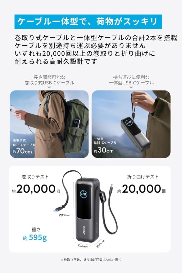 新品 Anker PowerBank 25000mAh巻取り式USB-Cケーブル