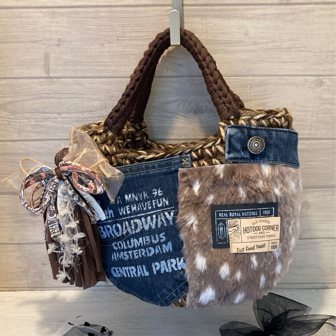 ハンドメイドバッグ デニムリメイクバッグ リメイクデニムバッグ ひとみん