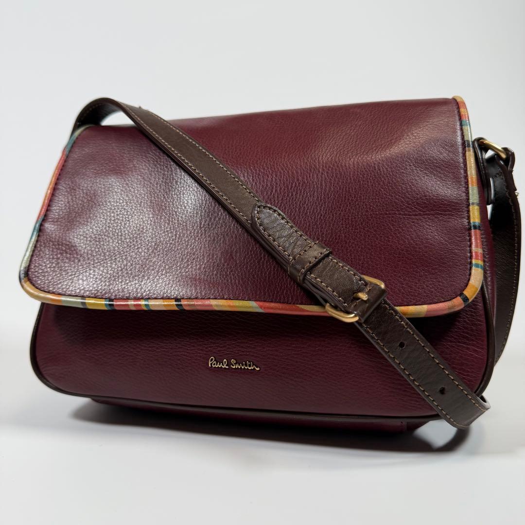 【美品】ポールスミス　ショルダーバッグ　シボ革　マルチストライプ　ボルドー
