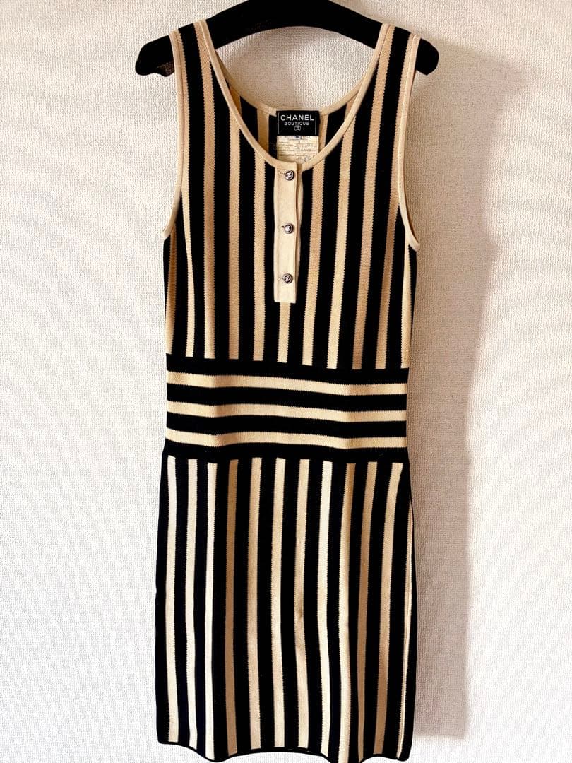 【正規品】CHANEL シャネル ココボタン ボーダー ニット ワンピース 38