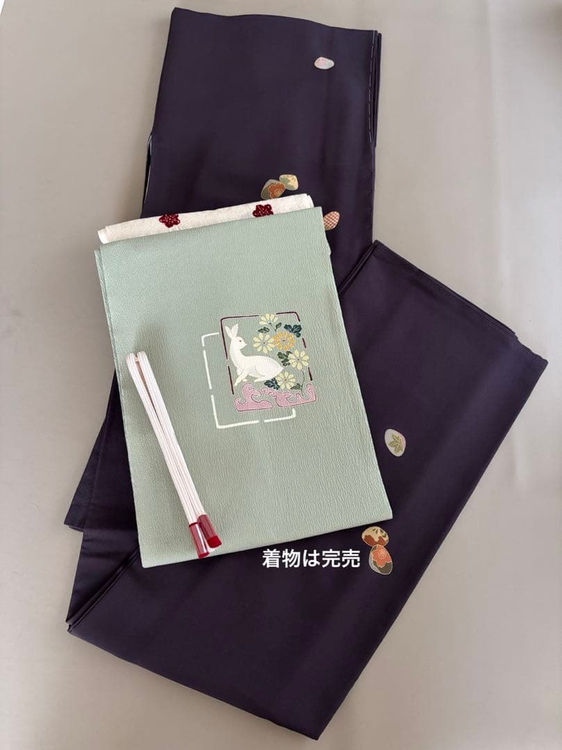 正絹 縮緬 九寸名古屋帯 金彩 花兎 手描き友禅 美品