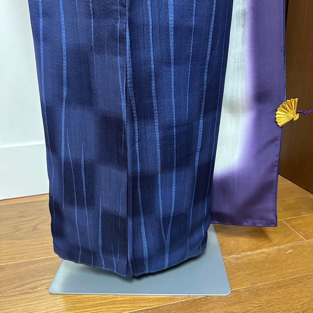 も*由様 小紋　袷　正絹　紺　よろけ縞　変わり市松　身丈171裄72 トールサイ