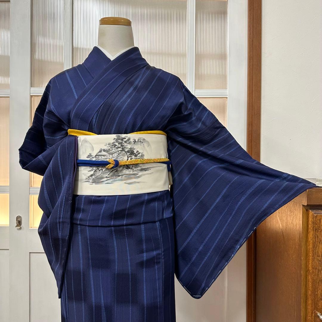 も*由様 小紋　袷　正絹　紺　よろけ縞　変わり市松　身丈171裄72 トールサイ