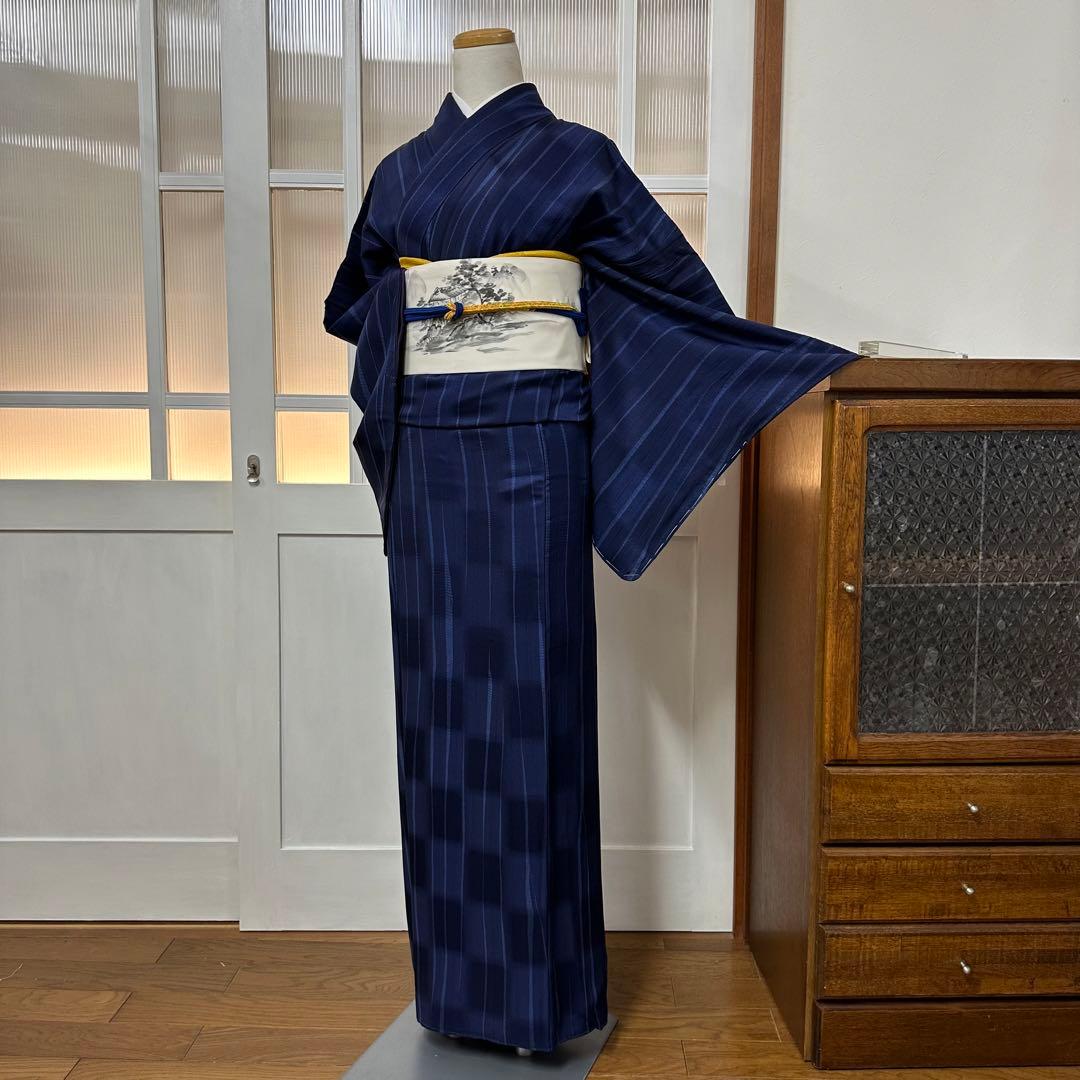 も*由様 小紋　袷　正絹　紺　よろけ縞　変わり市松　身丈171裄72 トールサイ