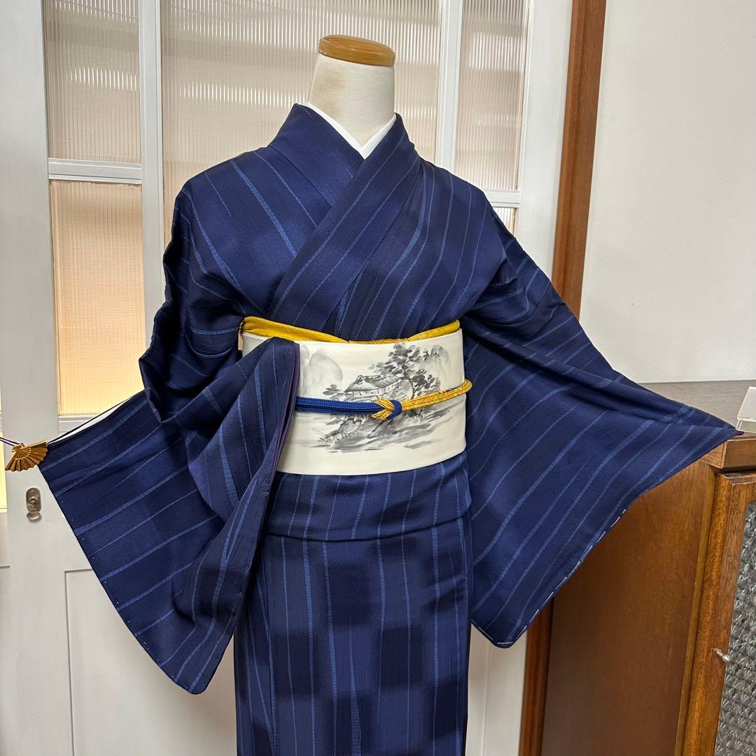 も*由様 小紋　袷　正絹　紺　よろけ縞　変わり市松　身丈171裄72 トールサイ