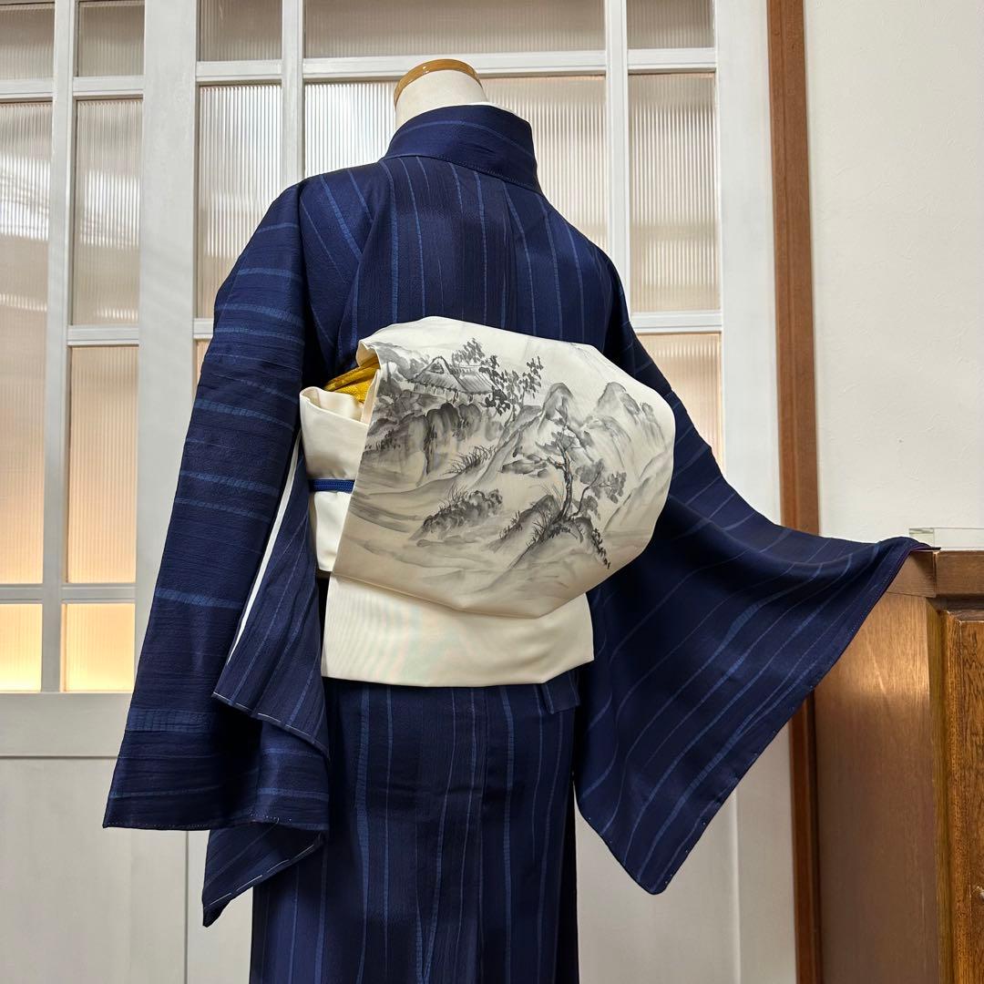 も*由様 小紋　袷　正絹　紺　よろけ縞　変わり市松　身丈171裄72 トールサイ