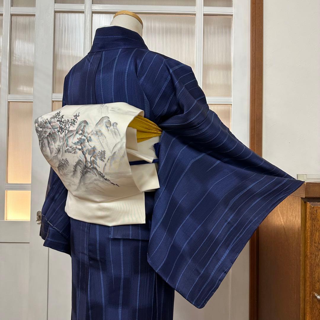 も*由様 小紋　袷　正絹　紺　よろけ縞　変わり市松　身丈171裄72 トールサイ
