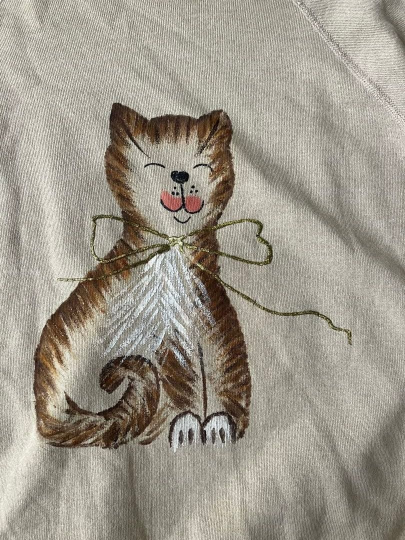 Hanes ヘインズ スエット L 42-44 ベージュ 80s 猫柄 USA製