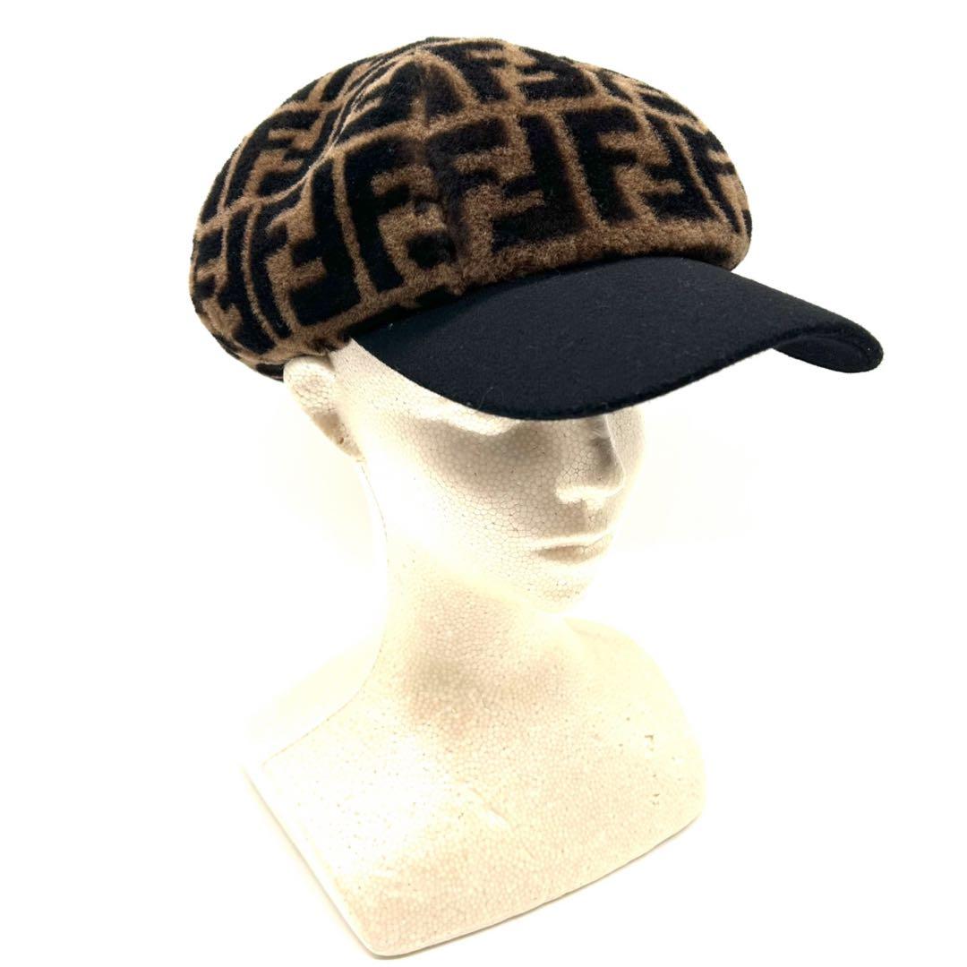 FENDI フェンディ　キャップ　ズッカ　ウール　ボア　ファー　キャスケット