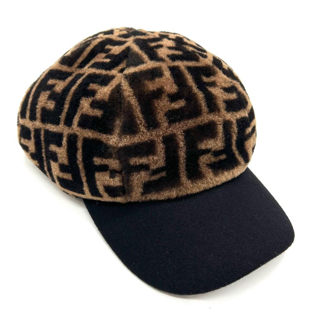 FENDI フェンディ　キャップ　ズッカ　ウール　ボア　ファー　キャスケット