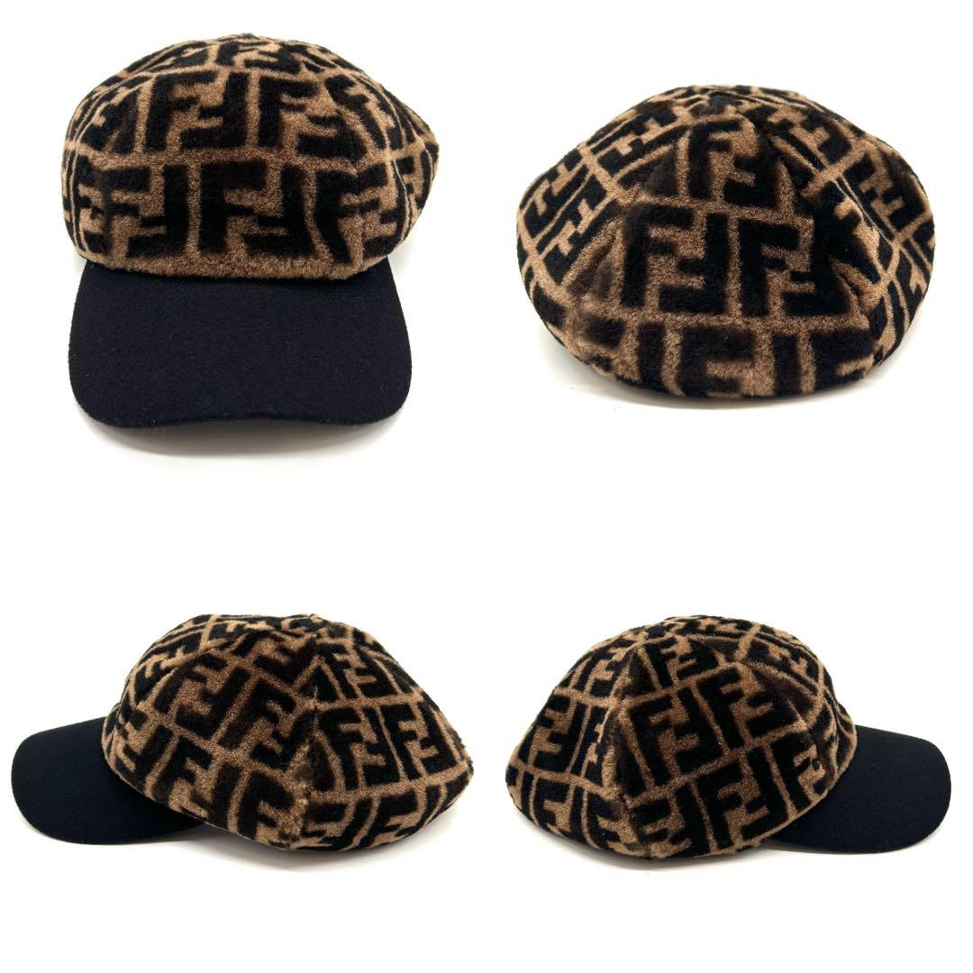 FENDI フェンディ　キャップ　ズッカ　ウール　ボア　ファー　キャスケット