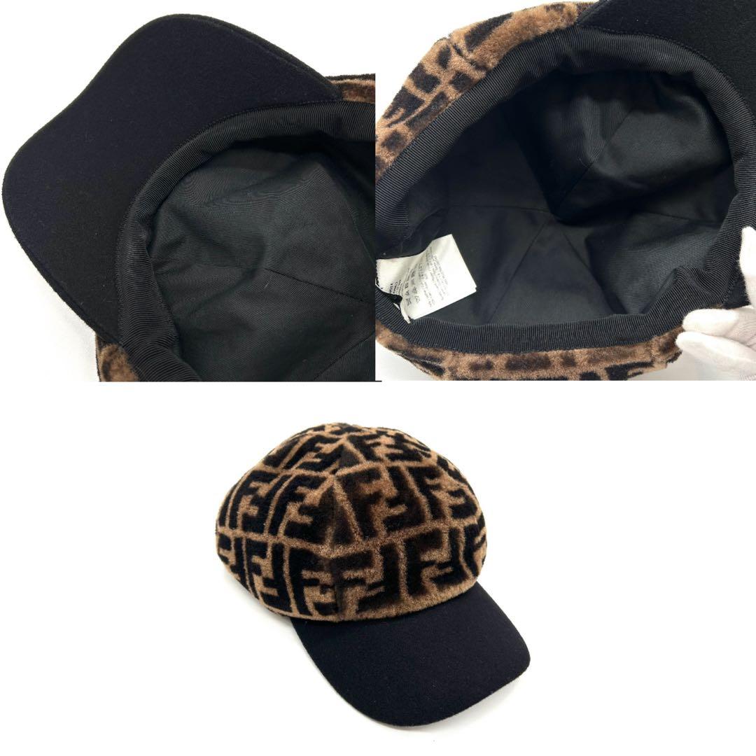 FENDI フェンディ　キャップ　ズッカ　ウール　ボア　ファー　キャスケット