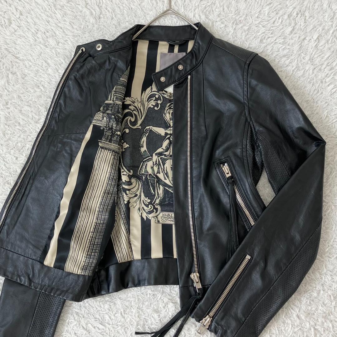 極美品✨ダブルスタンダード ライダースジャケット ラムレザー 羊革 裏地総柄 黒
