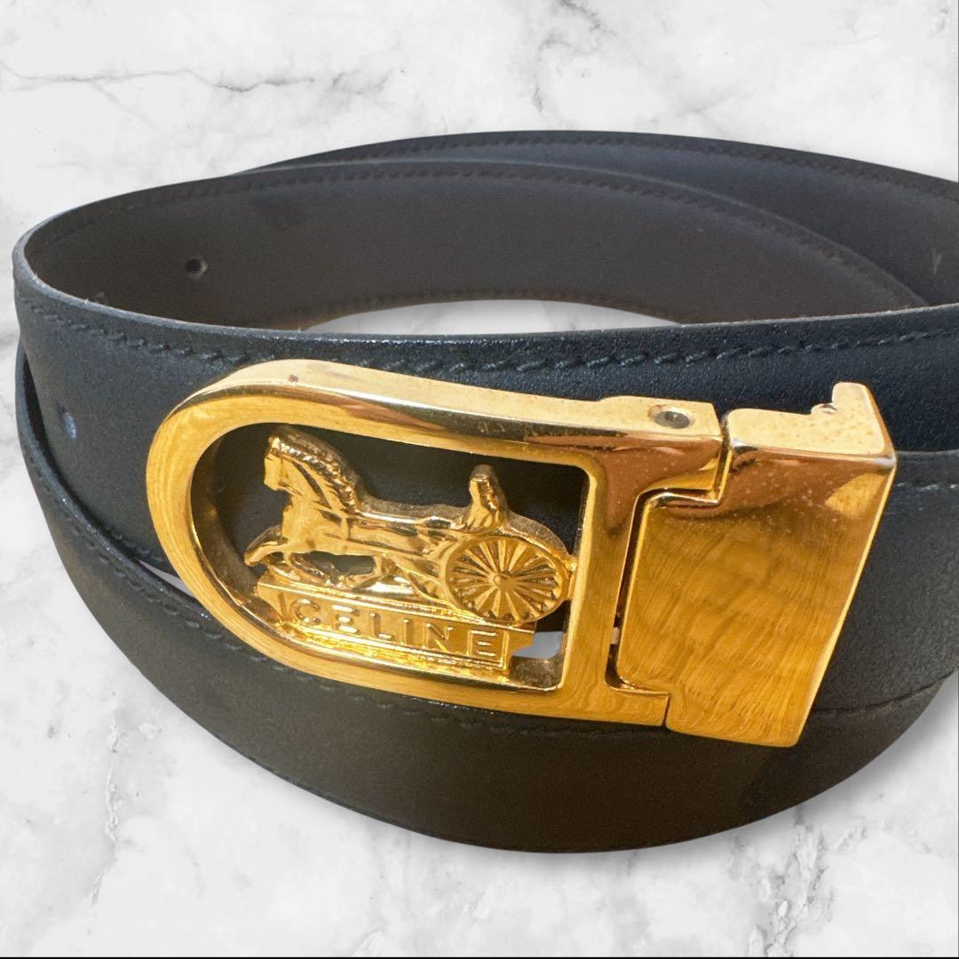 Celine セリーヌ 馬車金具　レザー ベルト ブラック ゴールドバックル
