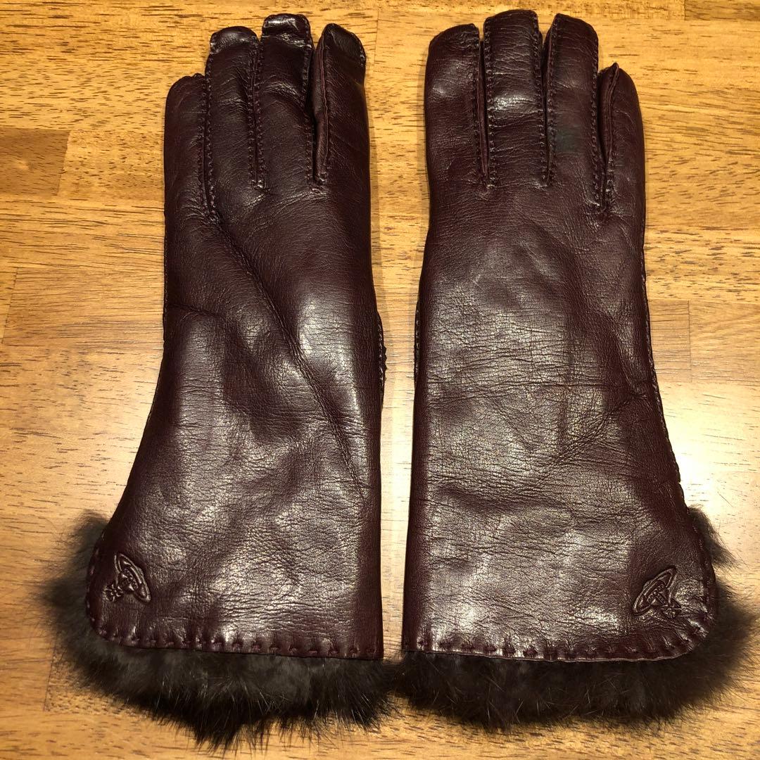 【未使用】レザー ファー付き手袋 ダークブラウン