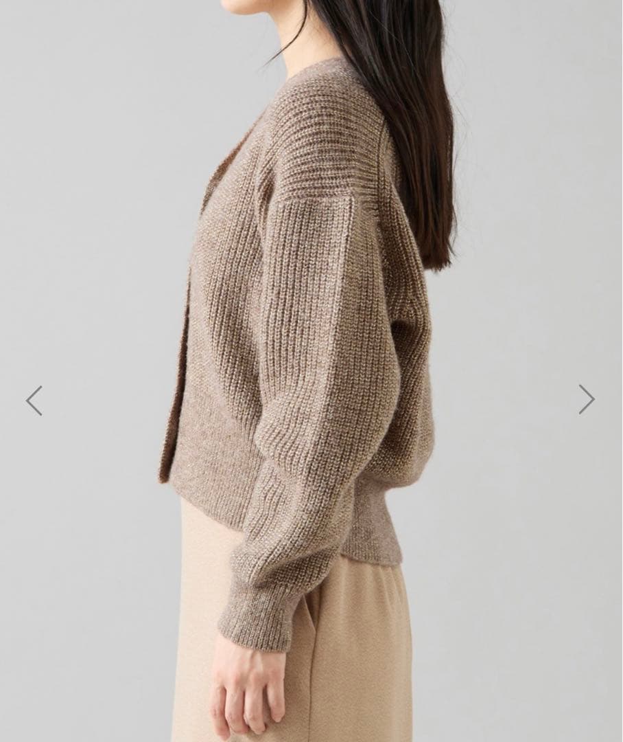 モカベージュ Vネック ボタン付きラメ入りカーディガン フリーサイズ