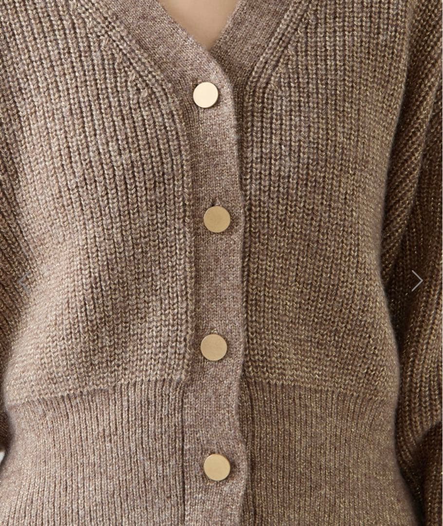 モカベージュ Vネック ボタン付きラメ入りカーディガン フリーサイズ