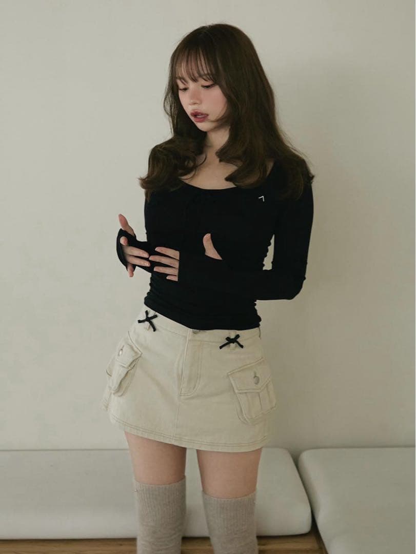 ANDMARY Baby ribbon mini skirt ベージュ M