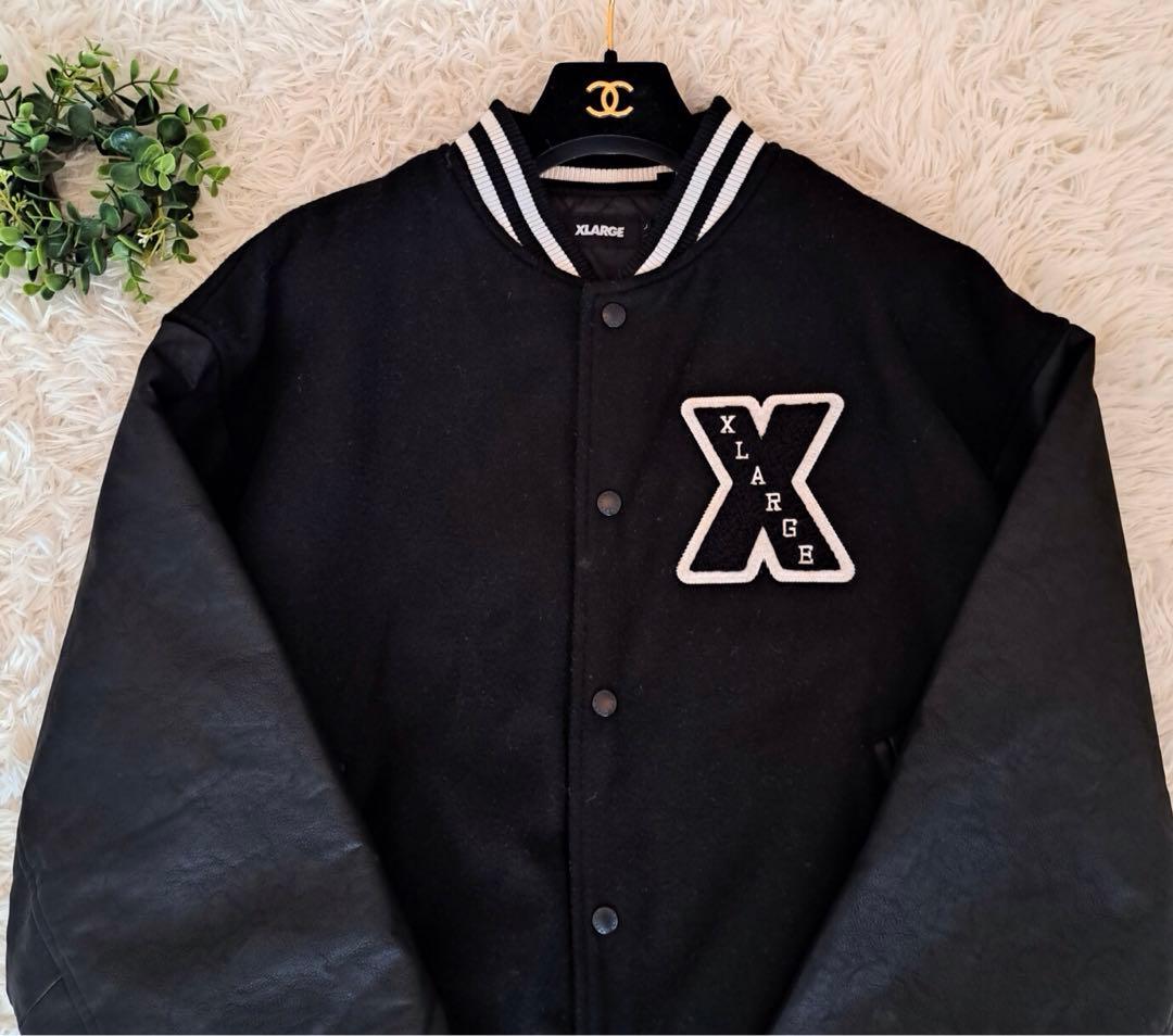【即完売モデル】エクストララージ　袖切替レザー　パイルロゴ　ウールスタジャン　黒