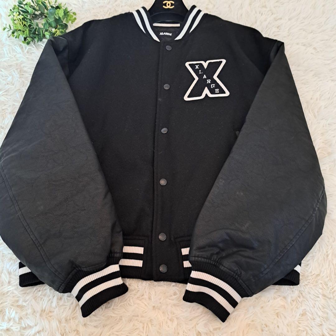 【即完売モデル】エクストララージ　袖切替レザー　パイルロゴ　ウールスタジャン　黒