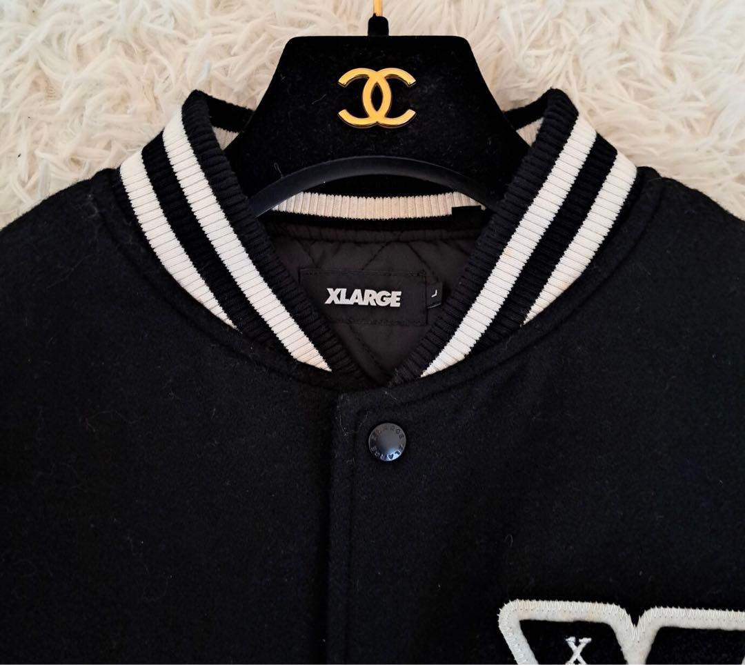 【即完売モデル】エクストララージ　袖切替レザー　パイルロゴ　ウールスタジャン　黒