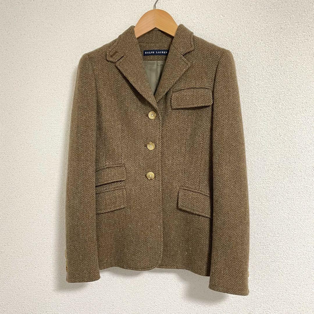 RALPH LAURENブラウンツイードヘリンボーンテーラドジャケット