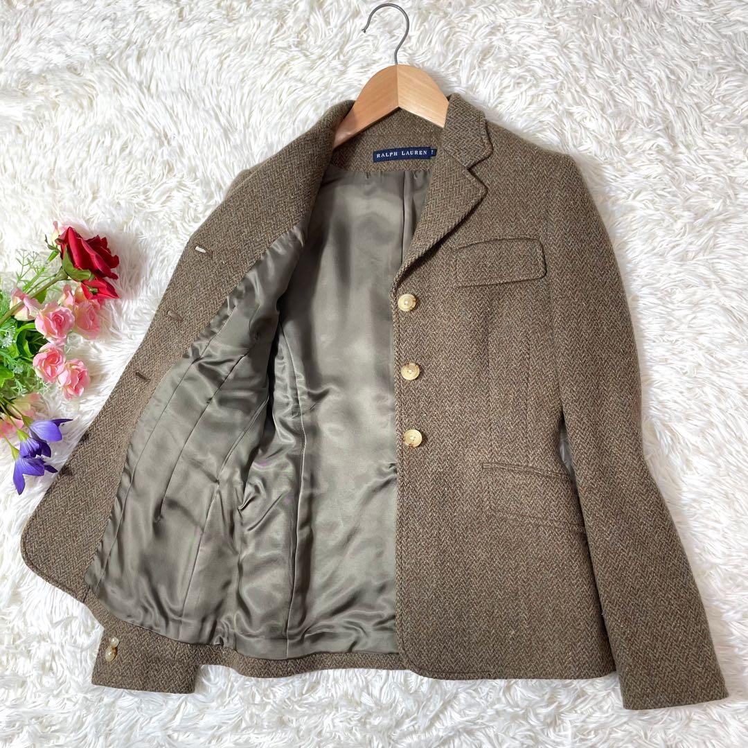 RALPH LAURENブラウンツイードヘリンボーンテーラドジャケット