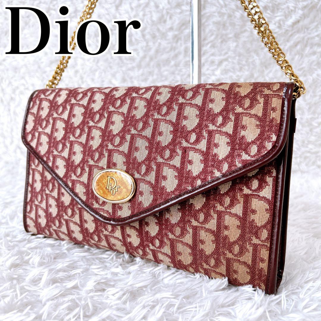 極希少✨OLD Dior クラッチバッグ　チェーン　ボルドー　トロッター柄