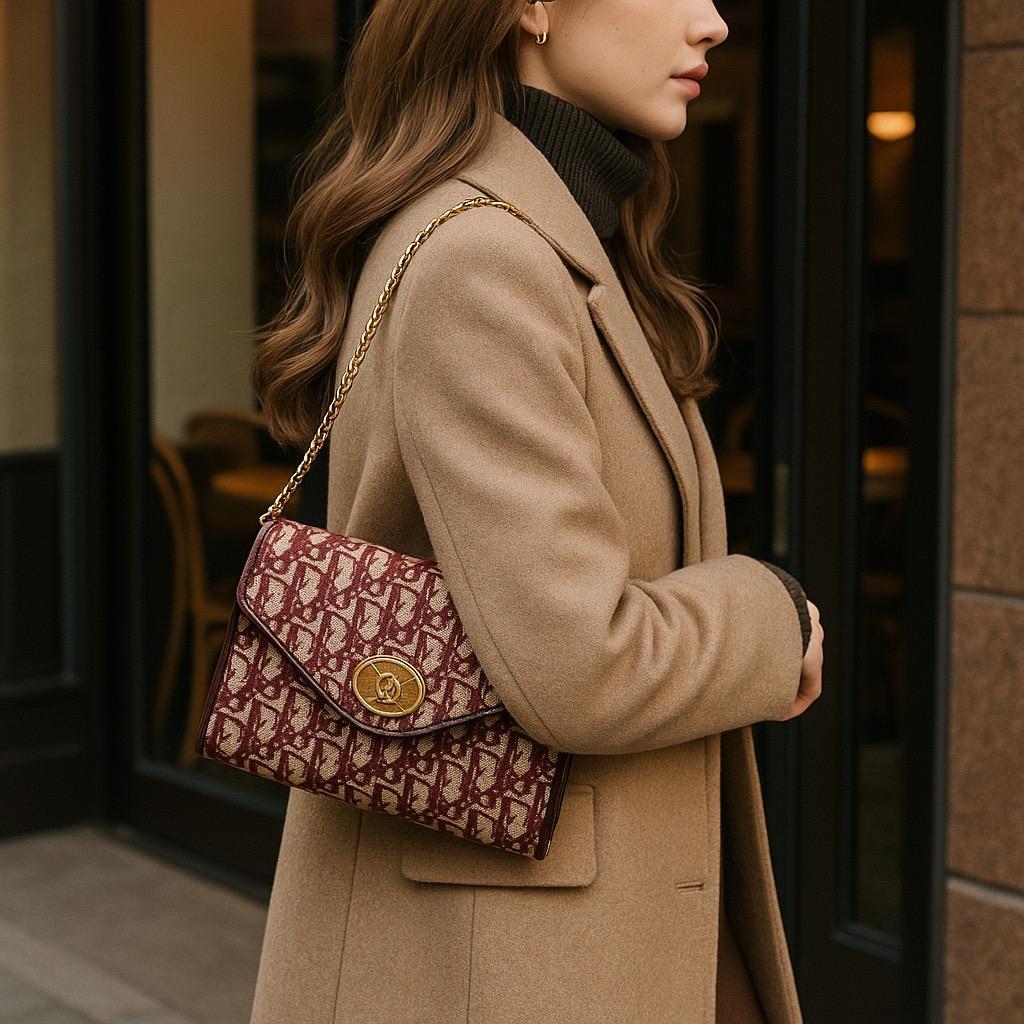 極希少✨OLD Dior クラッチバッグ　チェーン　ボルドー　トロッター柄