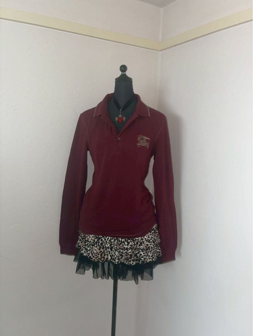 希少Burberryビッグポニー刺繍　y2k平成ギャル英字ボタンぴちポロ　リブ