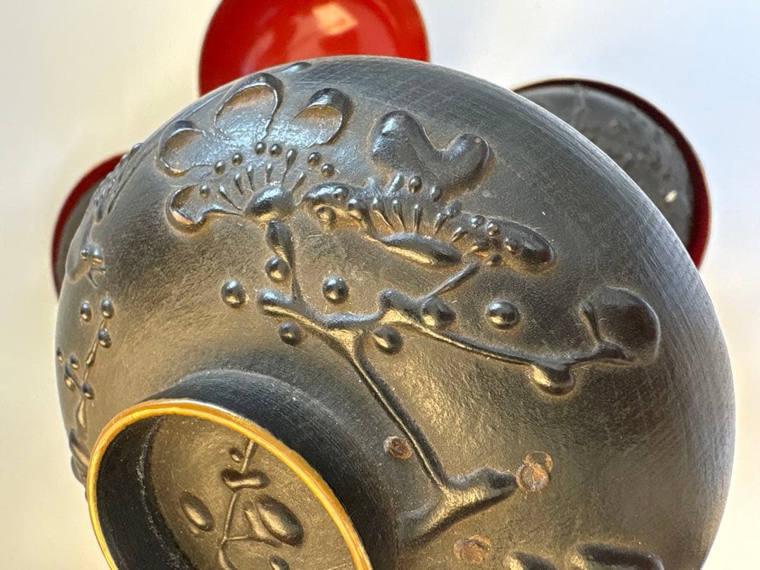 明治、大正期　会津塗　鉄錆塗　蒔絵　富士山　木製　蓋付き　お椀　梅鶯　内朱　5客