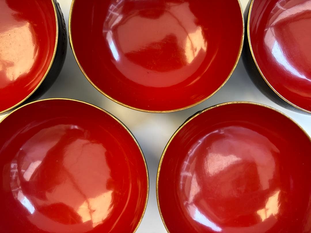 明治、大正期　会津塗　鉄錆塗　蒔絵　富士山　木製　蓋付き　お椀　梅鶯　内朱　5客