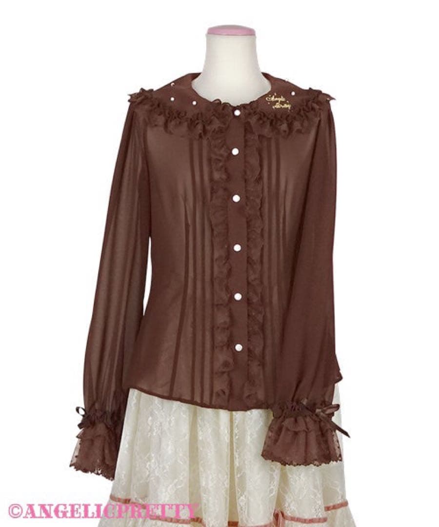 angelic pretty 襟ロゴ刺繍シフォンブラウス　ブラウン