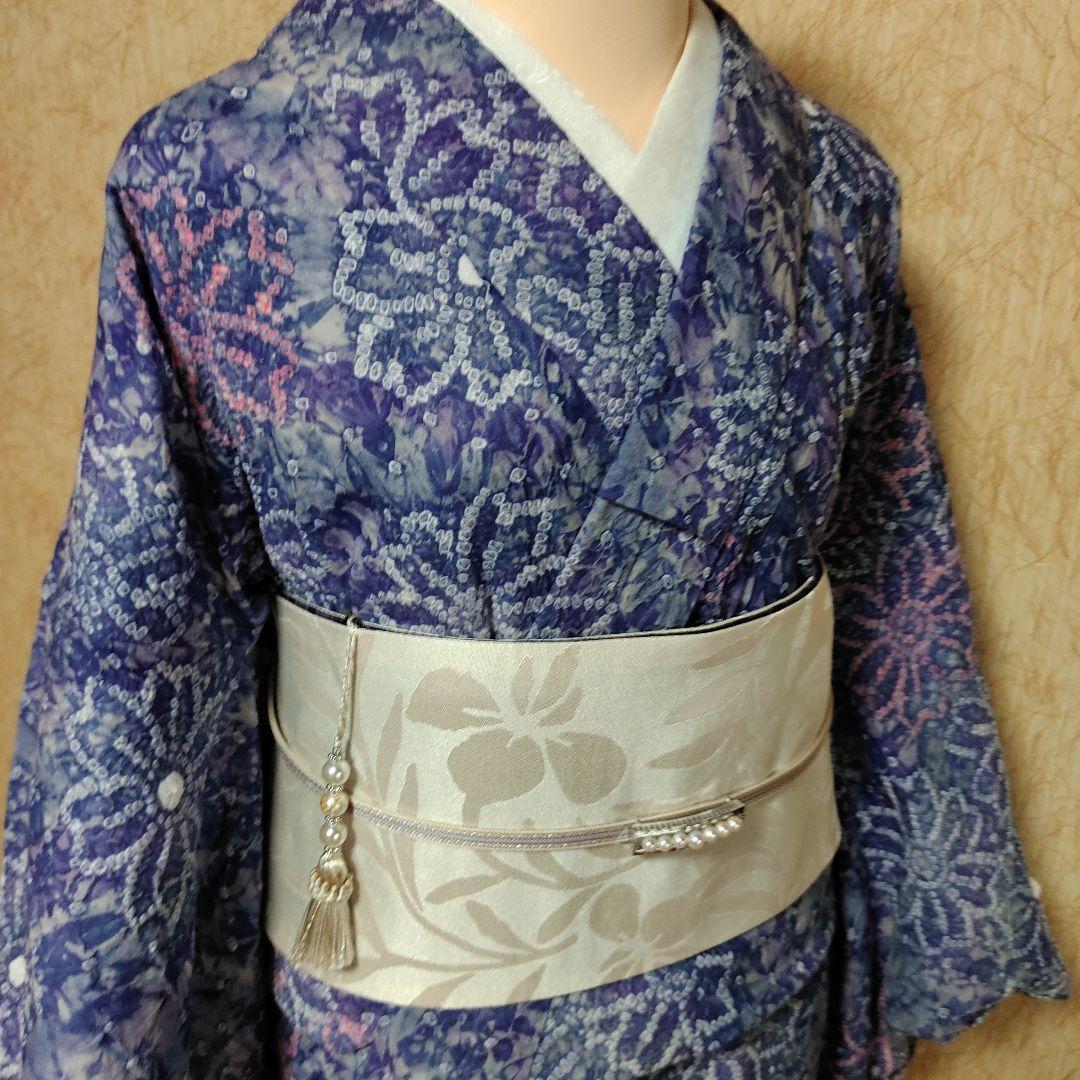 有松鳴海絞り　浴衣　トールサイズ　 お花柄　青〜紫　ピンク白　しつけ付　期間限定