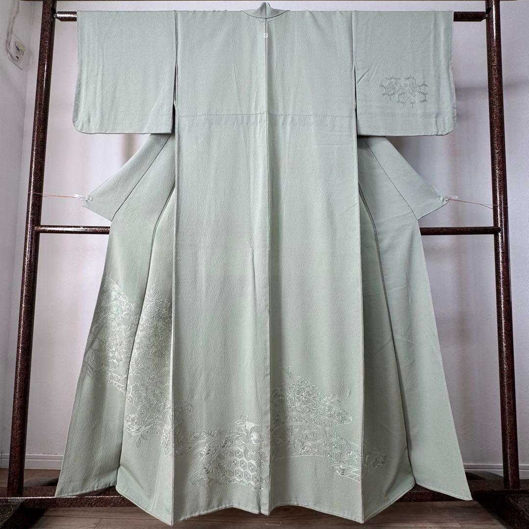 超美品　正絹　現代　広襟　訪問着　付け下げ　着物　160裄64 縮緬　汕頭刺繍