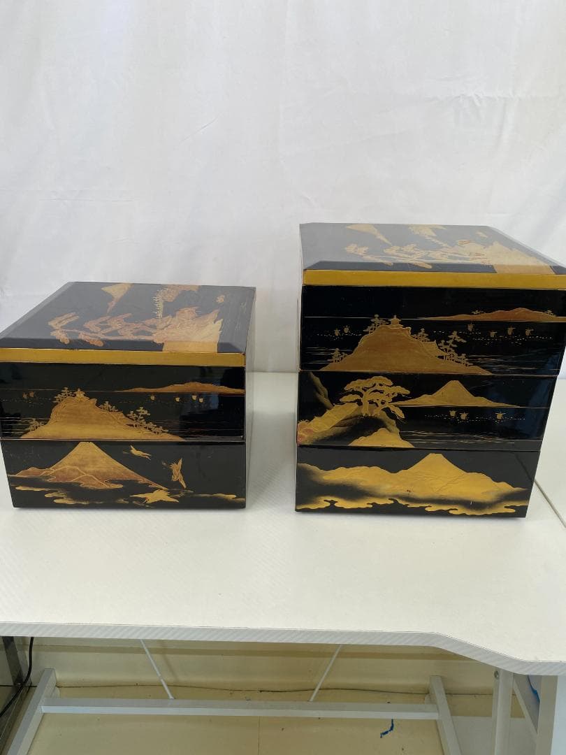 明治期？古漆器 富士風景図変わり 金蒔絵 五段重箱 a0386