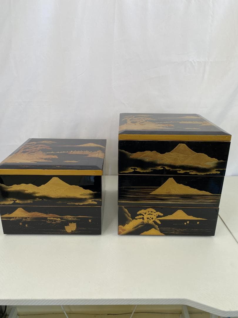 明治期？古漆器 富士風景図変わり 金蒔絵 五段重箱 a0386
