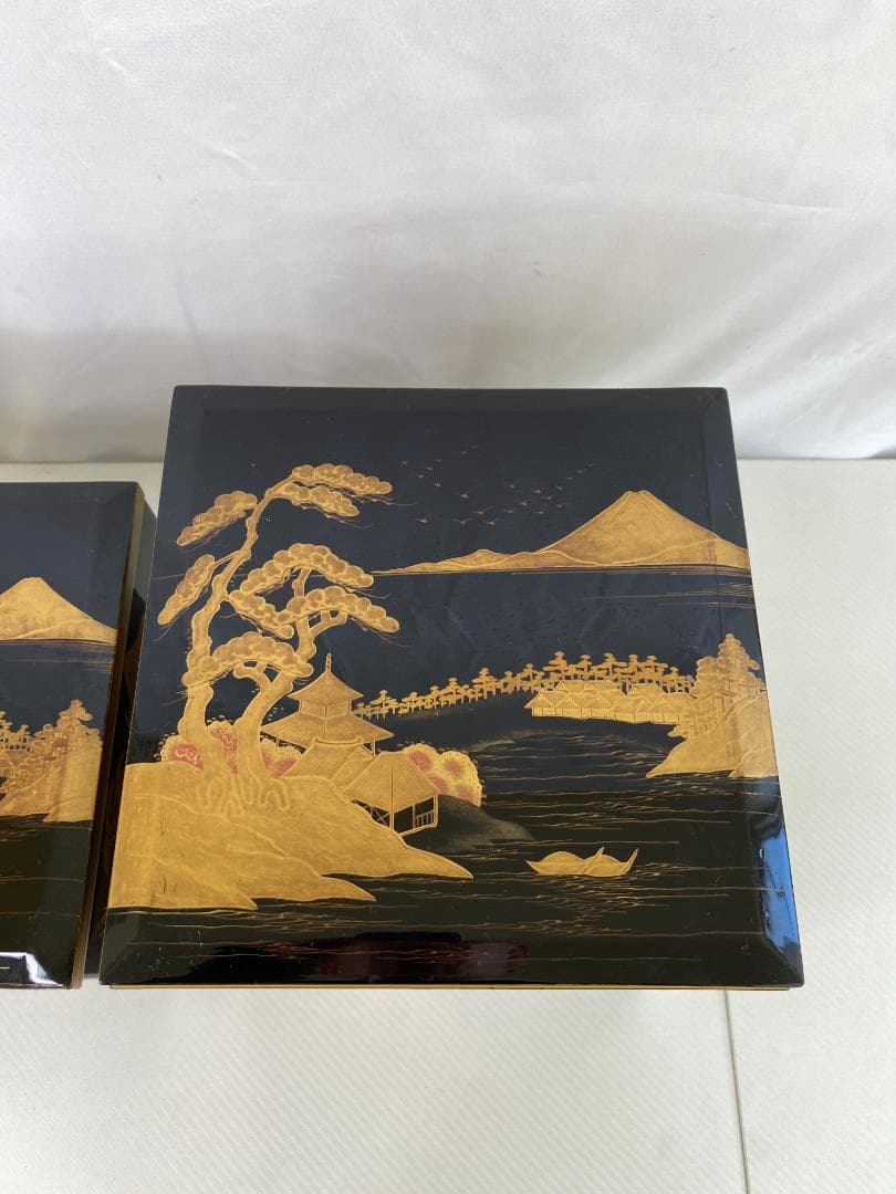 明治期？古漆器 富士風景図変わり 金蒔絵 五段重箱 a0386