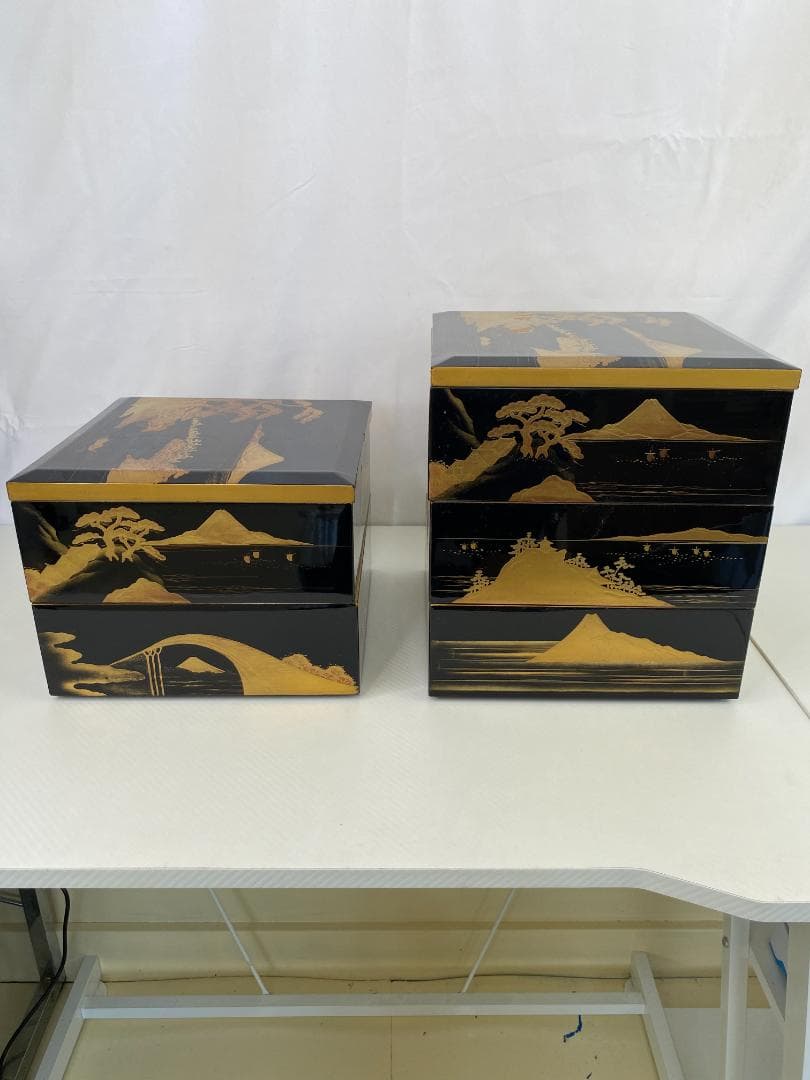 明治期？古漆器 富士風景図変わり 金蒔絵 五段重箱 a0386