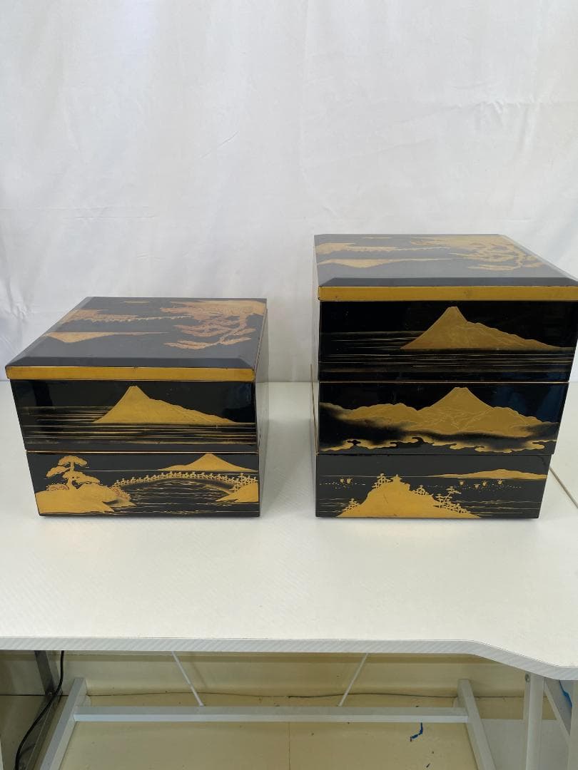 明治期？古漆器 富士風景図変わり 金蒔絵 五段重箱 a0386