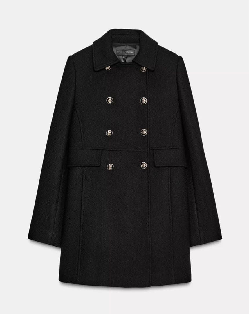 美品 ZARA ウール混紡ショート丈ダブルブレストコート ブラック S タグ付き