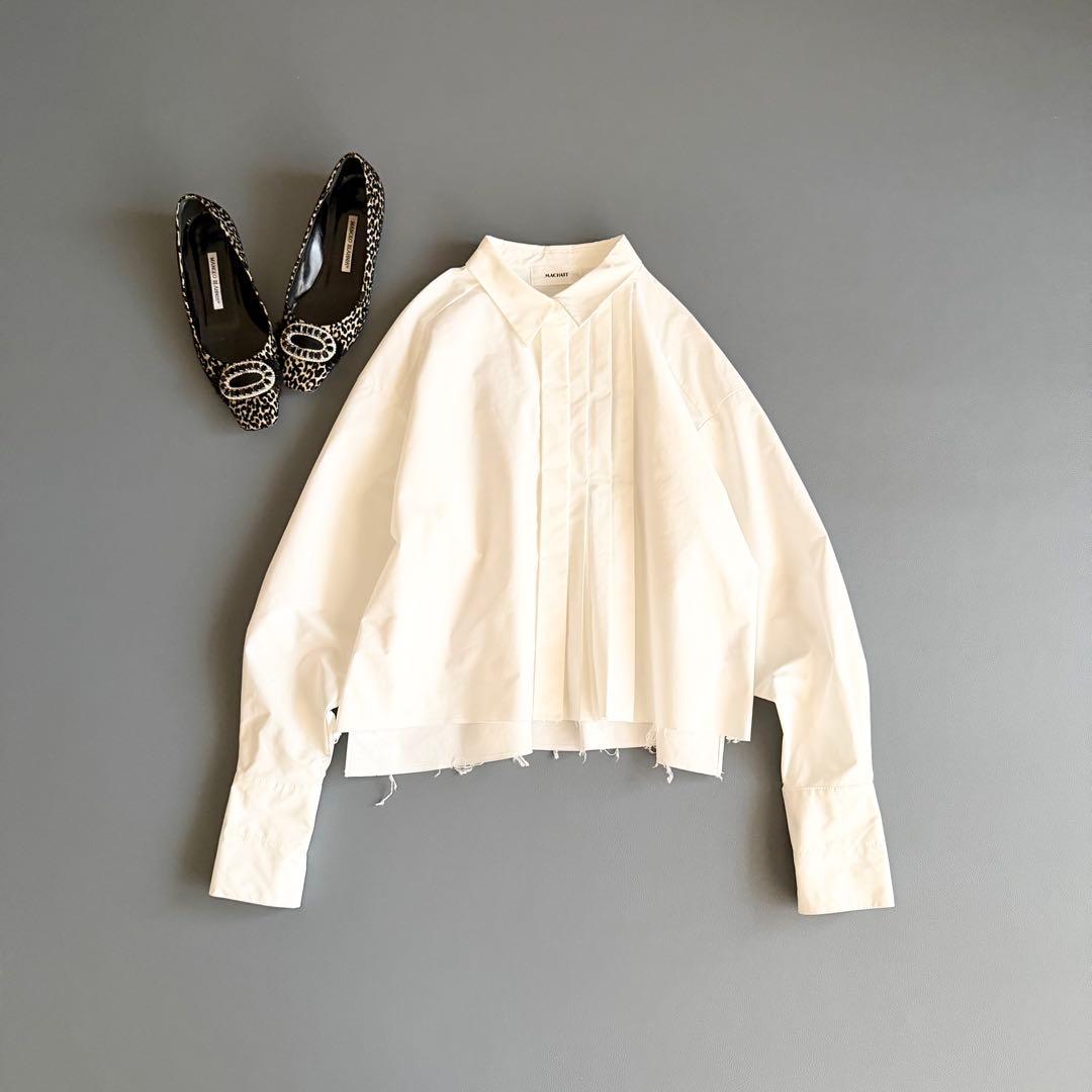 【マチャット】タックプリーツクロップドシャツ 長袖 ホワイト 比翼 クロップド丈