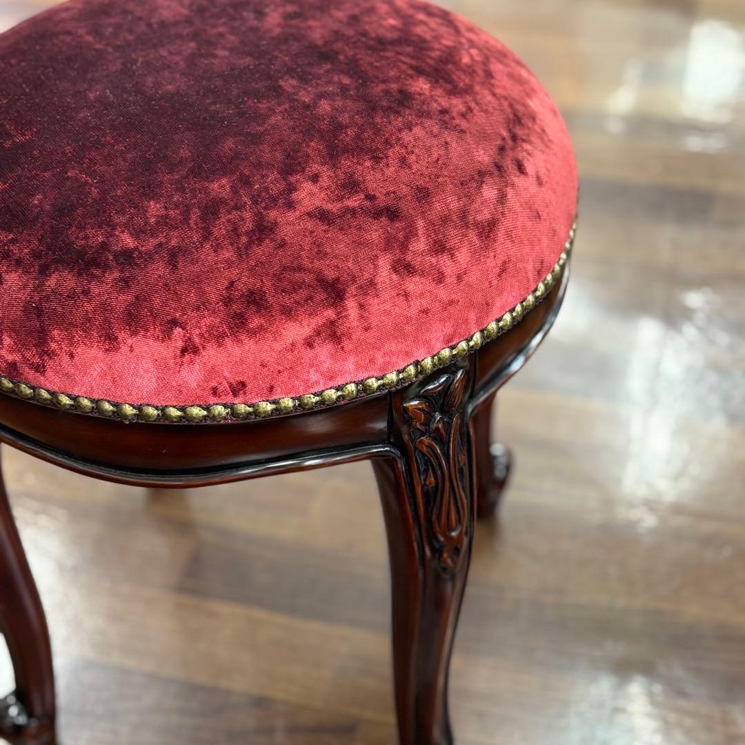 マホガニーアンティーク調 クラシックスタイル 赤ベルベット スツール 腰掛け椅子