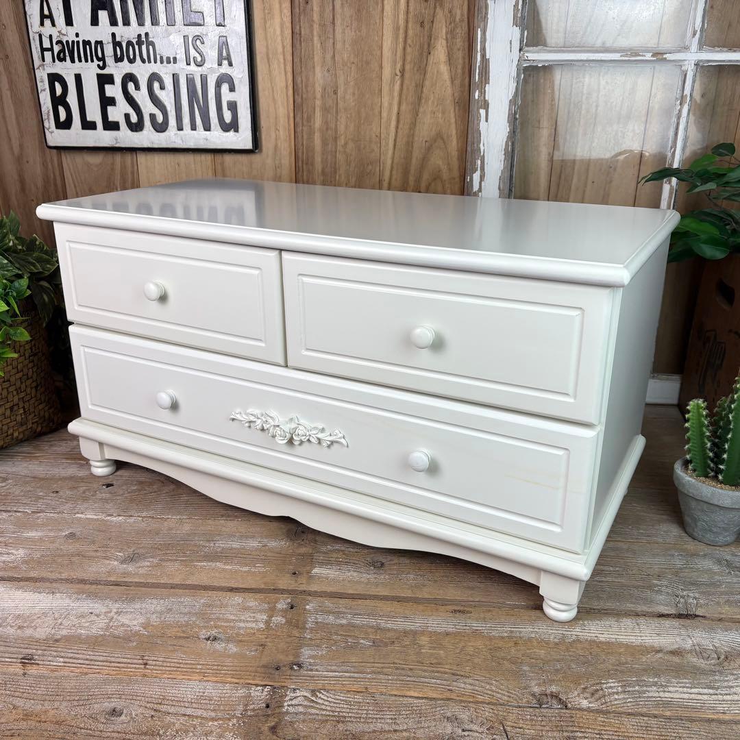 訳あり品【106】フレンチ調ホワイトチェスト横長木製収納家具姫系洋タンス飾り棚姫