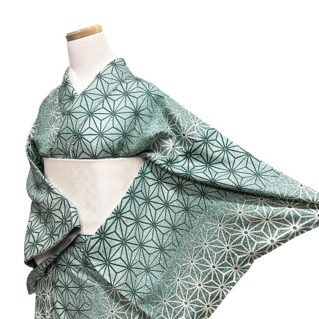 未着用　小紋　麻の葉　たたき染　縦縞　花紗綾形地紋　着物　115b d ms