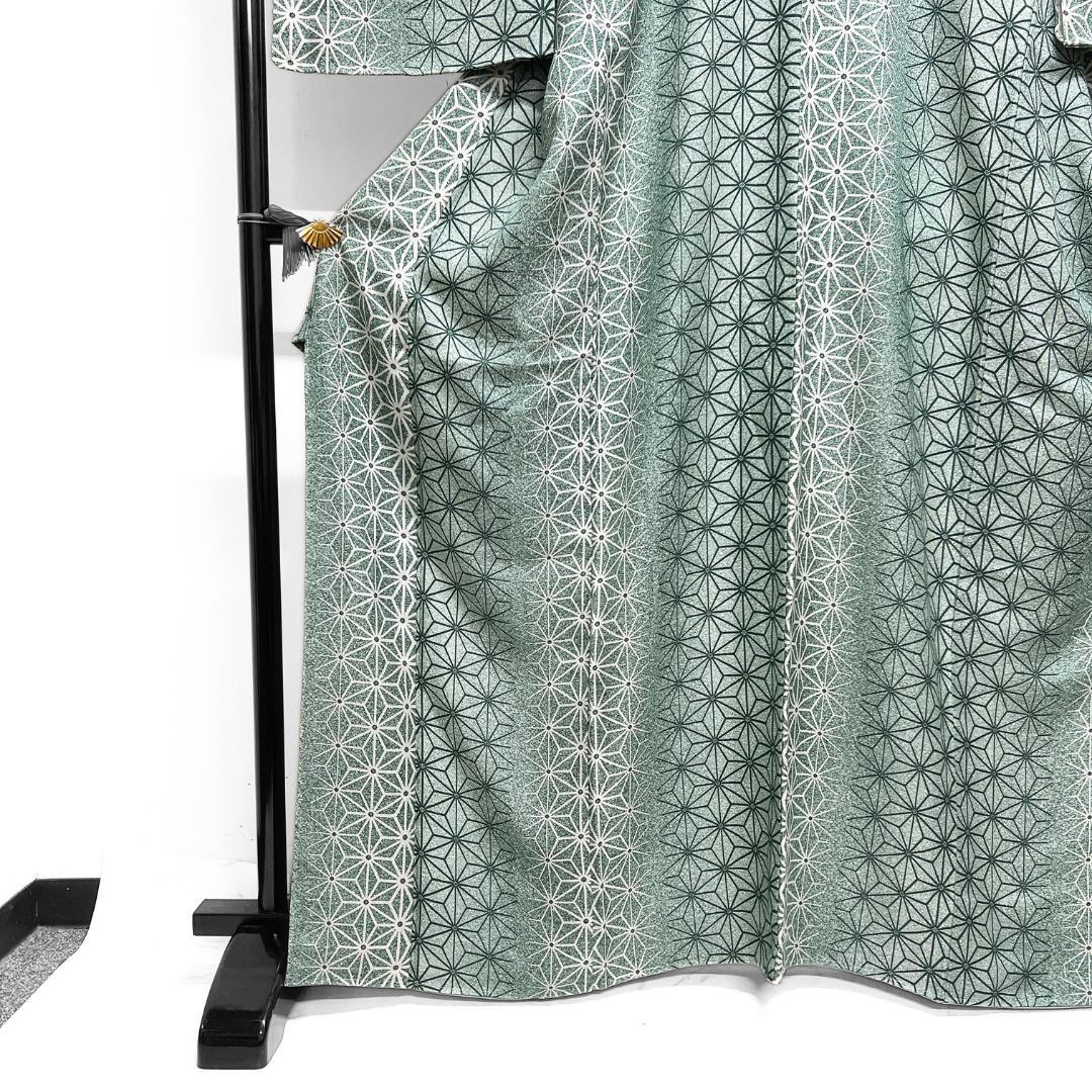 未着用　小紋　麻の葉　たたき染　縦縞　花紗綾形地紋　着物　115b d ms