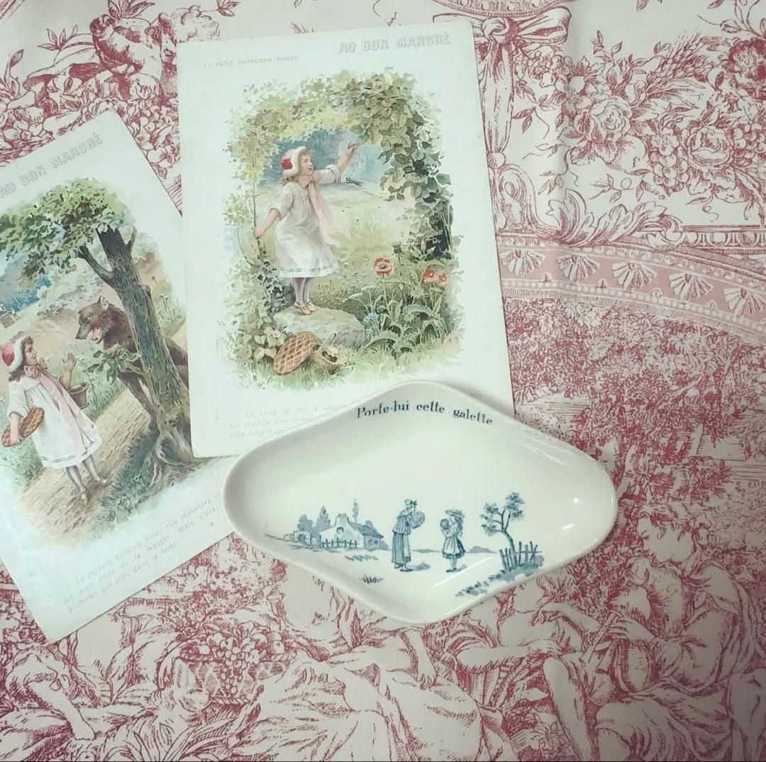 フランスアンティーク　おままごと食器　赤ずきん　青　ひし形プレート　菱形皿